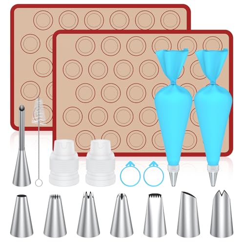 Macaron Silicone Baking Mats, 2 Nonstick Macaroon Mat Silicone, 7 Piping Tips, 2 Piping Bags, 2 Bag Ties, 2 Couplers, 1 Puff Tip, 1 Brushes, 17 Pcs Macaron Baking Kits for Macarons Cookies - color: Red