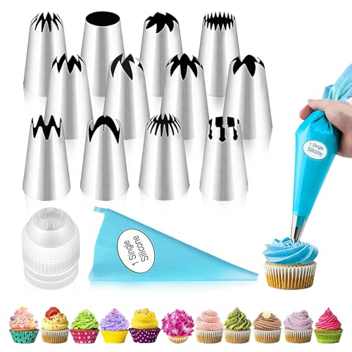 Large Piping Tips Set - 14pcs Reusable Stainless Steel Icing Nozzles Kit Cake Decorating Tools For Cupcake Cookie Pastrys Dough