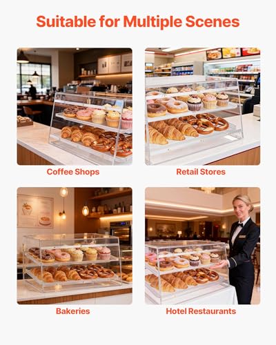 VEVOR Bakery Display Case, 2-Tier Commercial Countertop Pastry Display Case, Clear Acrylic Bread Box for Kitchen, Party Cake Cabinet with Magnetic Rear Door for Cookie Dessert Donut, 20.7"x15.7"x12" - size: 2-Tier
