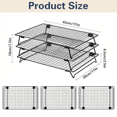 3-Tier Stackable Cooling Rack for Cooking and Baking, 17" x 11" Large Black Wire Cooling Rack, Foldable & Heavy Duty Cookie Cooling Rack, Oven Safe Baking Rack