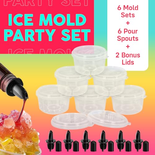 6 Pack Shaved Ice Molds for Hawaiian Shaved Ice Snow Cone Treats. Extra Lids Plus 6 Bottle Pouring Spouts. BPA-free reusable Cups with Lids for Easy Stacking & Storing. Freeze More Serve More. - size: 6 Set Plus Spouts