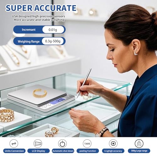Gram Scale Small Digital Food Scale, 500g by 0.01Gram/0.001Ounce, Accurate Weighting, MEIYA Multifunction Kitchen Scale for Jewelry/Baking/Soap, 9 Units, Tare Function, LCD Display, Including Battery - style: 500g / 0.01g Silvery