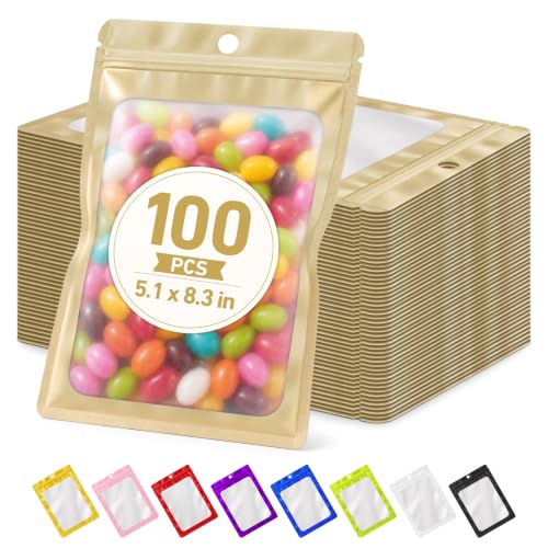 100 Pcs Mylar Bags Resealable, Smell Proof Zip Bag 5.12x8.27 Inch - color: Light Gold, size: 5.12x8.27 Inch