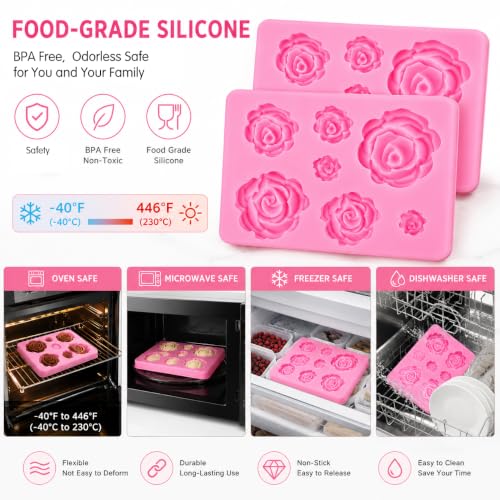 2 Pack Rose Flower Silicone Molds, Food Grade Non-Stick Molds for Cake Chocolate Mousse Jelly Fondant Sugarcraft Wedding Party Baking - color: 2PCS Rose Flowers