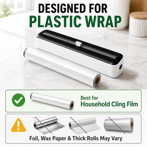 Plastic Wrap Dispenser with Slide Cutter, Cling Film Dispenser with Safe Hidden Blade, Easy Refill Food Wrap Holder Fits 12 Inch Standard Rolls, Countertop Kitchen Wrap Organizer