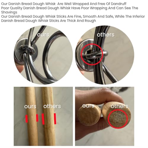 Sourdough Danish Dough Whisk Sour Dough Whisking Tool，13inch Wooden With Stainless Steel Durable，Flat Dutch Sourdough Bread Baking Supplies，Easy Seamless Wisking Sour Dough Mixing Tool(Double loop)