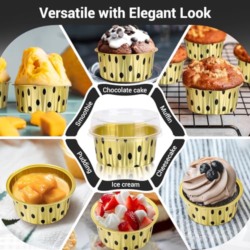 EUSOAR Creme Brulee Ramekins - 50pcs 5oz Disposable Aluminum Foil Baking Cups with Lids, Dessert Containers - color: Gold Polka Dot, size: 50pcs