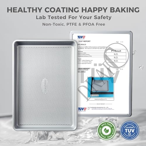 HONGBAKE Naturally Non Toxic Baking Sheet Pan Set of 3, Heavy Duty Aluminized Steel Cookie Sheets, Half/Quarter/Jelly Roll Pans with Textured Nonstick Surface, Free of PTFE & PFOA - color: Silver (Aluminized Steel)