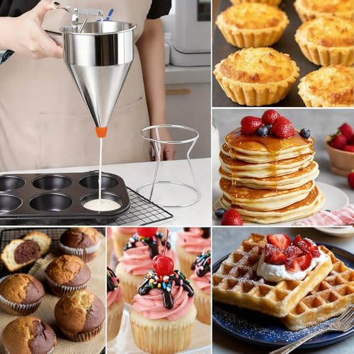 Pancake Batter Dispenser, Large 40oz/1200ml Multi-Caliber Stainless Steel Funnel Cake Dispenser with Stand for Commercial and Home Use