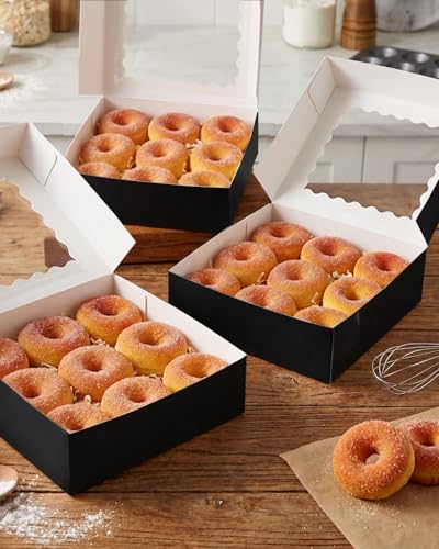 qiqee 8x8x2.5 Inch Black Pastry Box With Window Donut Pie Boxes 12pcs Bakery Box (Auto-pop Up) - color: 12Packs, Black