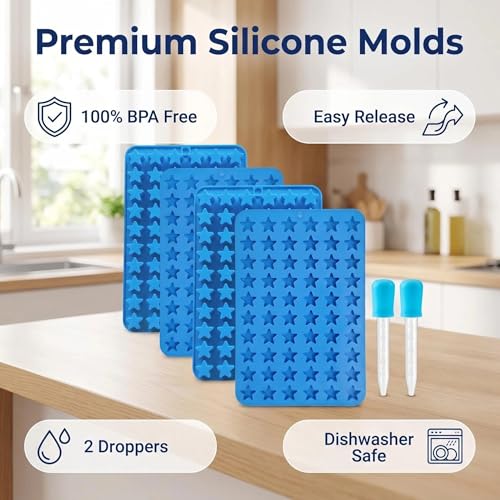Star Silicone Candy Molds - 240 Cavity Mold Set with Droppers, 2-Pack Circle Molds for Gummies, Chocolate, Hard Candy, Caramels, Ice Cubes, BPA Free Non-Stick Baking Molds - color: 240 Cavity Star Candy Molds
