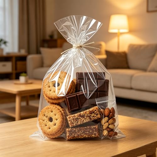 Nobranded 50 pcs Clear 9" x 12" Flat Cello Cellophane Bags Poly Treat Bags 2.8 mils for Gift Wrapping, Bakery, Cookie, Candies, Toast, Dessert, Party Favors Packaging with Color Twist Ties - size: 9x12 Inch (Pack of 50)