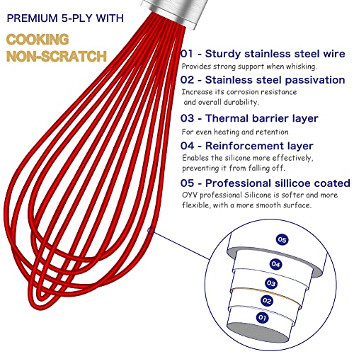 OYV Red Silicone Whisk Set of 3, 8/10/12 Inch, for Cooking Non-Scratch - color: Premium(Red Pack)