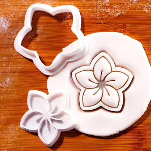 BAKERLOGY Frangipani Mini Cookie Cutter and Stamp Set – Plumeria Flower Biscuit Fondant Embosser for Tropical Hawaiian Baking, Summer Luau Party Cupcake Decoration