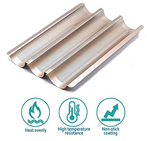 Baguette Pans for Baking 15" x 11", Carbon Steel 3 Loaf Nonstick Baguette Baking Tray for French & Italian Perforated French Bread Pan - color: Gold