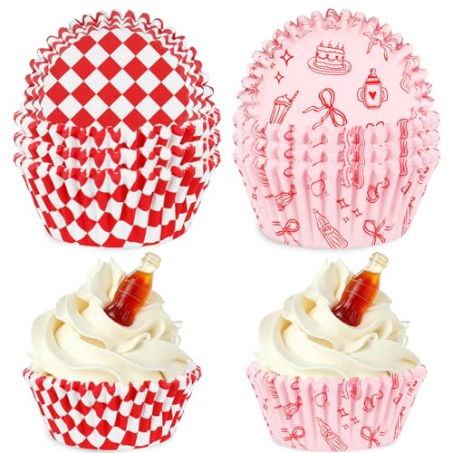 JarThenaAMCS 300 Pcs She's Ready to Pop Cupcake Liner Red White Plaid Bow Paper Baking Cups Soda Muffin Liners Wrappers for Baby Shower Gender Reveal Newborn Party, 2 x 1.2 Inch