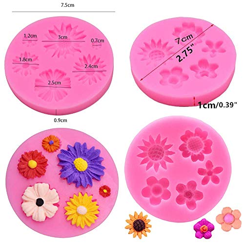 4Pcs/Set Mini Flower & Leaf Fondant Molds, Rose Daisy Sunflower Silicone Gumpaste Molds for Cake Cupcake Topper Decoration Small Leaves Chocolate Candy Polymer Clay Resin Crafting Projects Tools