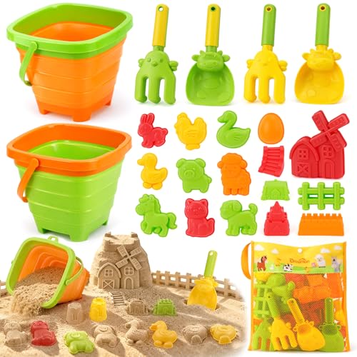 Collapsible Beach Toy Set for Kids, 29 Pcs Farm Sand Toys with Animal Molds - size: 2 bucket farm set