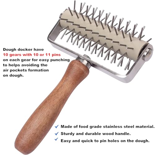 Dough Docker Roller Stainless Steel and Wooden Dough Roller, Set of 2 Pizza Pin Roller Dough Hole Maker Wood Pastry Pizza Roller for Pizza, Cookie, Pie, Pastry, Bread, Crust