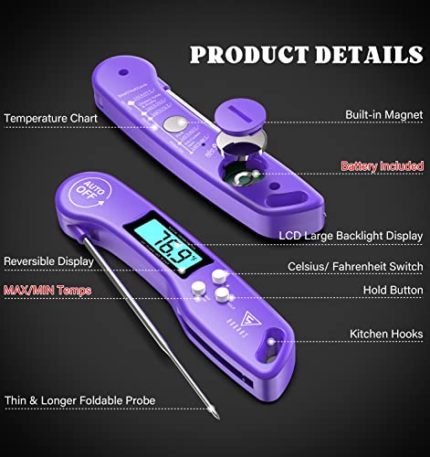 DOQAUS Meat Thermometer – Temperature Dial Thermometers for Cooking Backlight & Auto-Rotating Display, Kitchen Gadgets Essentials for BBQ Oven Grill Smoker Candy Purple - color: Purple