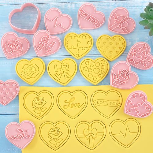 10Pcs Heart Cookie Cutters Rose Love Pattern for Valentine's Day Baking - color: Valentines F-10
