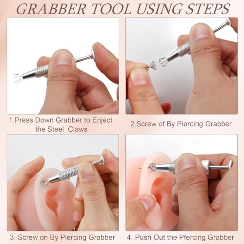 ONESING 2Pcs Piercing Ball Grabber Tool for Changing Jewelry, Stianless Steel Flat Back Earring Applicator Internally Threaded Push Pin Piercing Grabber Tool - color: Silver-B-2pcs