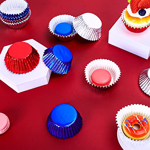 Whaline 150Pcs Patriotic Cupcake Liners 4th of July Baking Cups Red Blue Silver Foil Metallic Cupcake wrappers for 250th Anniversary Independence Day Memorial Day Party Decor - color: Red Blue Silver