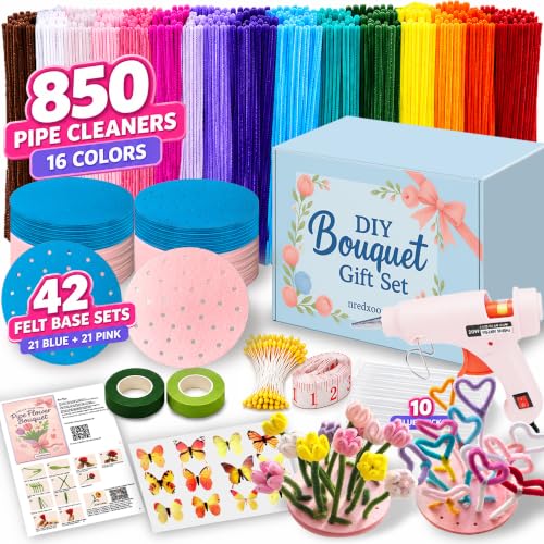 850Pcs Pipe Cleaner Crafts Kit w/ Felt Bases & Glue Gun, ASMR DIY Flowers - color: Rainbow