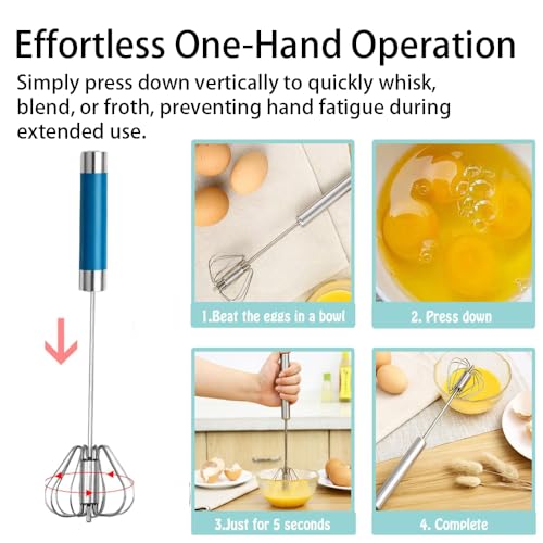 Stainless Steel Semi-Automatic Egg Whisk Set, 2PCS Hand Push Rotary Manual Mixer for Cooking, Whisking, Beating and Stirring (10&12 Inch) - color: Blue