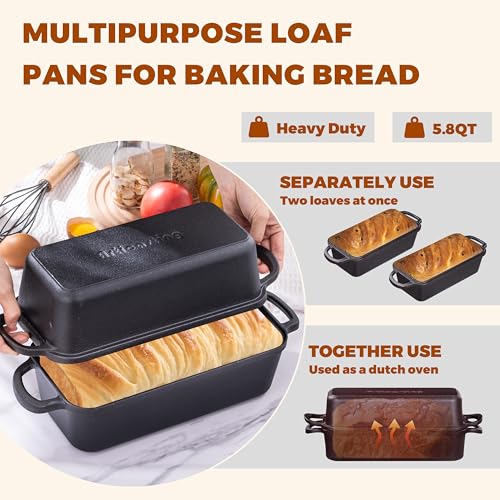 Cast Iron Loaf Pan with Lid, 11x5 Inch 5.8 Qt Pre-Seasoned Pan - color: Black, size: 11x5 Inch
