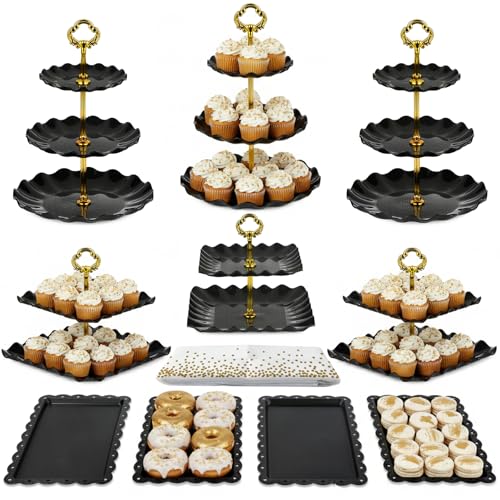 Pack of 11 NWK Cake Stand Set of Cupcake Stand, Tray & Table Cloth (Black) - color: Black