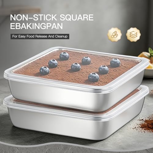 8x8 Inch Baking Pan with lid,18/0 Stainless Steel Square Cake Pan,Set of 2 - color: Flat lid
