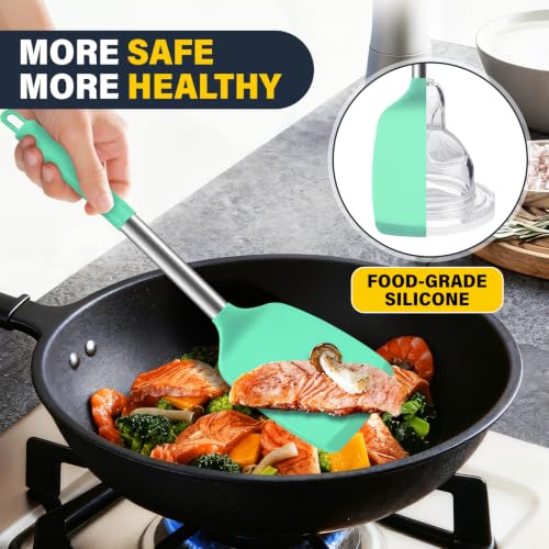 2 Pack Silicone Spatula Set, Solid & Slotted Turner for Non-Stick Pans - color: Teal