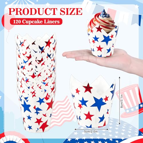 Whaline 120 Pcs July 4th Patriotic Tulip Cupcake Liners Red Blue Star Foil Baking Cups Independence Day Cupcake Muffin Wrappers for 250th Anniversary Memorial Day Party Supplies Table Decor - style: Star