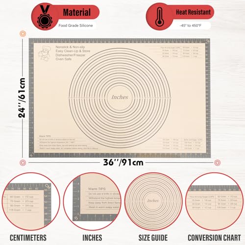 Silicone Pastry Mat Large Baking Mat 36X24 inch Dough Mat with Measurements - color: Gray, size: 24"L x 36"W