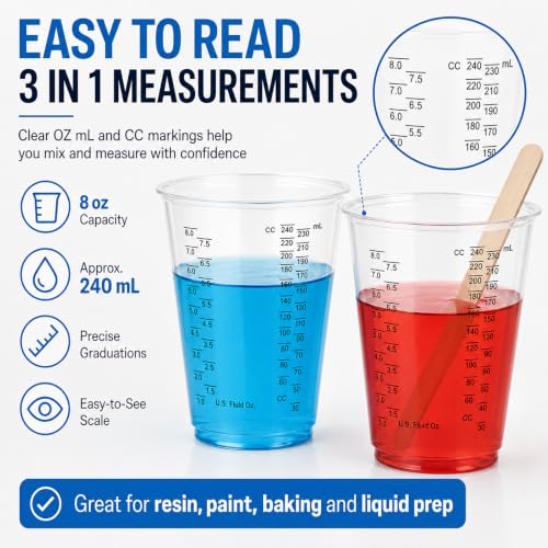 Taeku Plastic Measuring Cups with Mixing Sticks, 8 oz Clear Cup, 100 Pack
