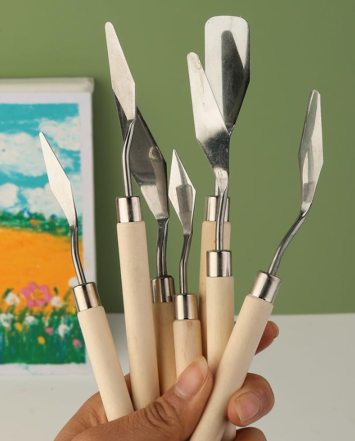 7-Piece Palette Knife Set | Stainless Steel Spatulas for Texture Painting - color: Wood