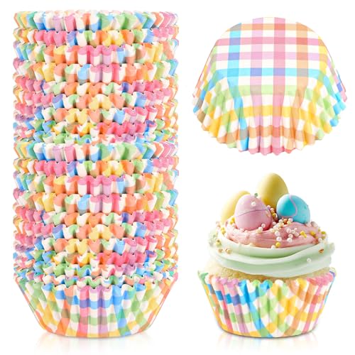 AnyDesign 300Pcs Colorful Easter Plaid Cupcake Liners Spring Pastel Paper Baking Cups Candy Color Standard Muffin Cupcake Wrappers for Holiday Wedding Birthday Party Supplies Table Decor - style: Colorful Plaid