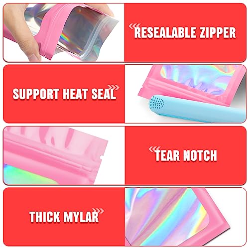 Funfery 300 Pack 3 Size Mylar Holographic Bags with Clear Window,Pink - color: Pink, size: 3x4.7+4x6+4.7x7.9 Inch