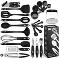 Kaluns Silicone Kitchen Utensils Set 24 Pcs Silicone Cooking Utensils Set - Can Opener, Masher, Turner, Spatula 446°F Heat Resistant Non-Stick - Premium Utensil Set - color: Black