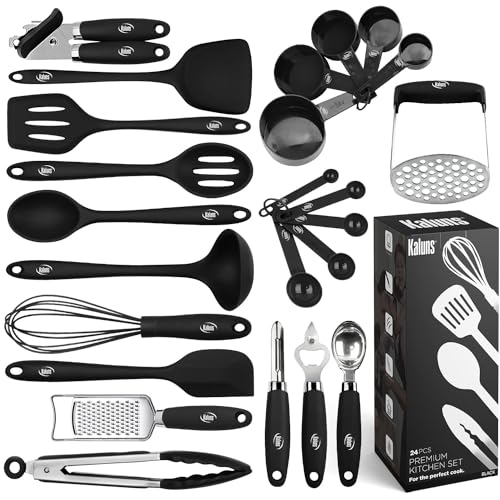 Kaluns Silicone Kitchen Utensils Set 24 Pcs Silicone Cooking Utensils Set - Can Opener, Masher, Turner, Spatula 446°F Heat Resistant Non-Stick - Premium Utensil Set - color: Black