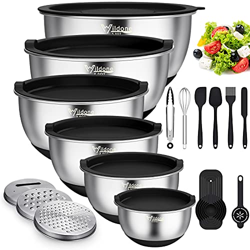 Wildone Mixing Bowls with Airtight Lids, Stainless Steel Mixing Bowls Set - color: Black