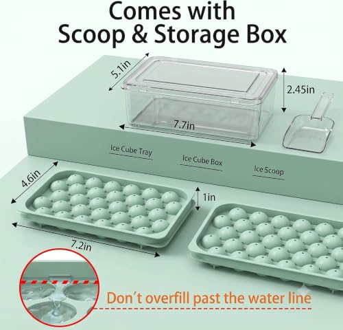 Ice Cube Tray with Lid and Bin, 64 Pcs Mini Round Ice Ball Molds for Freezer with Scoop, 0.8 Inch Sphere Maker, Easy Release Silicone Base, for Coffee, Cocktails (2 Pack, Fresh Green)