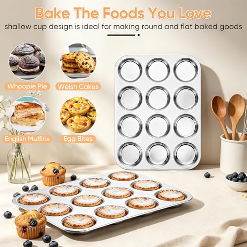 TeamFar Muffin Top Pan, 12 Cavity Stainless Steel Shallow Cupcake Pan - size: 12 Cups