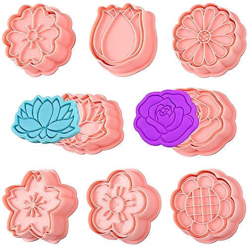 8 Pack Flower Cookie Cutters, 3D Cookie Cutter with Plunger Stamp - color: Flower