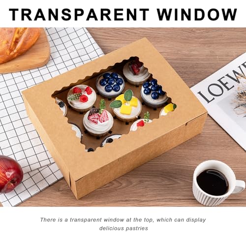12 Count Cupcake Boxes, 4PCS Cupcake Container with Window and Inserts - color: Brown