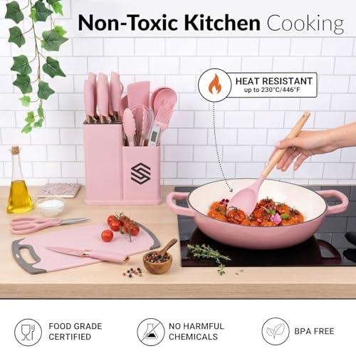 19 PCS Pink Silicone Cooking Utensils Set with Wooden Handle & Knife Set Block, Heat-Resistant Spatula, Spoon, Ladle, Whisk with Holder – BPA Free, Silicone Kitchen Utensil Set for Cooking & Baking - color: Pink