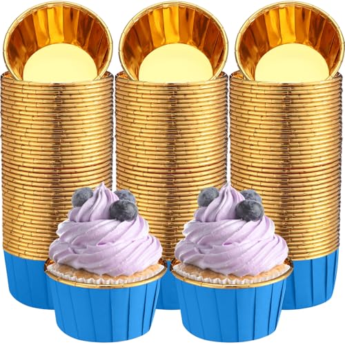 300 Pack Blue Gold Cupcake Liners Bulk Disposable Foil Muffin Cup - color: Blue Gold