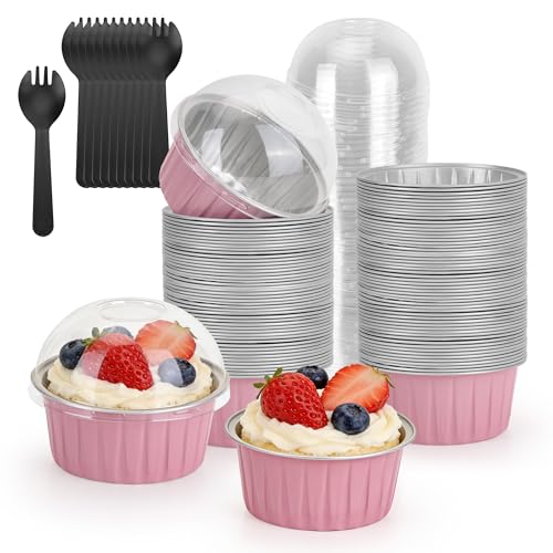 100-Pack 5 oz Pink Mini Cake Pans with Lids, Disposable Aluminum Foil Baking Cups, Muffin Tins, Ramekins for Cupcakes, Brownies, Flan, Pudding - Wedding, Birthday,Baby Shower, Princess Party - color: Pink