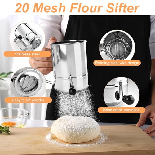 Stainless Steel 5 Cup Flour Sifter, 4 in 1 Baking Sifter with Powder Sugar Shaker Duster, Strainers Fine Mesh and Metal Scoop, Fine Sifter for Baking Cakes, Pies, Cupcakes, Desserts